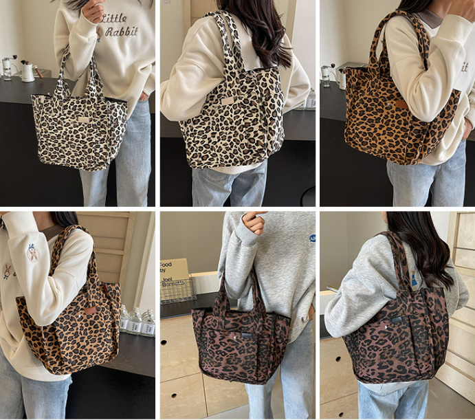 Oversized Leopard Prints Shoulder Bags for Women Deformable Canvas Large Capacity Shopping Totes