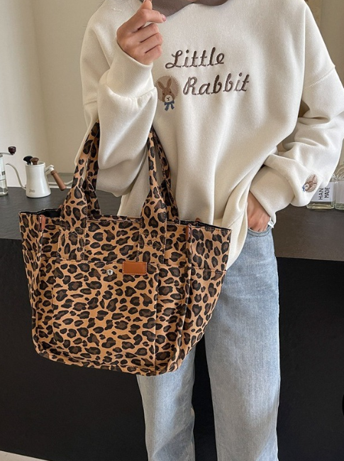 Oversized Leopard Prints Shoulder Bags for Women Deformable Canvas Large Capacity Shopping Totes