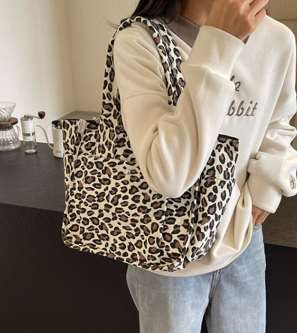 Oversized Leopard Prints Shoulder Bags for Women Deformable Canvas Large Capacity Shopping Totes