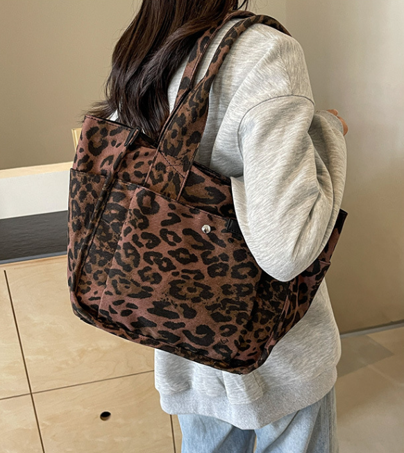 Oversized Leopard Prints Shoulder Bags for Women Deformable Canvas Large Capacity Shopping Totes