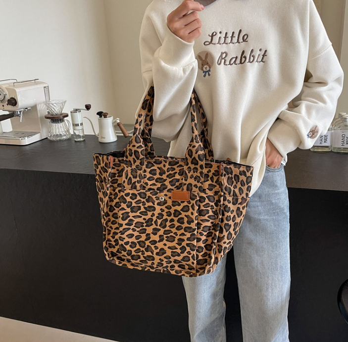 Oversized Leopard Prints Shoulder Bags for Women Deformable Canvas Large Capacity Shopping Totes