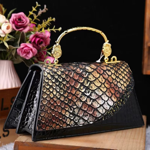 Elegant and luxurious temperament black gold bag New Dragon Scale Princess Crocodile Pattern Handbag Single shoulder women's bag