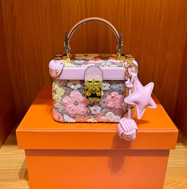 New high-end niche design sequin bag Box bag Summer Pink Small Bag handbag Inclined shoulder bag Small square bag