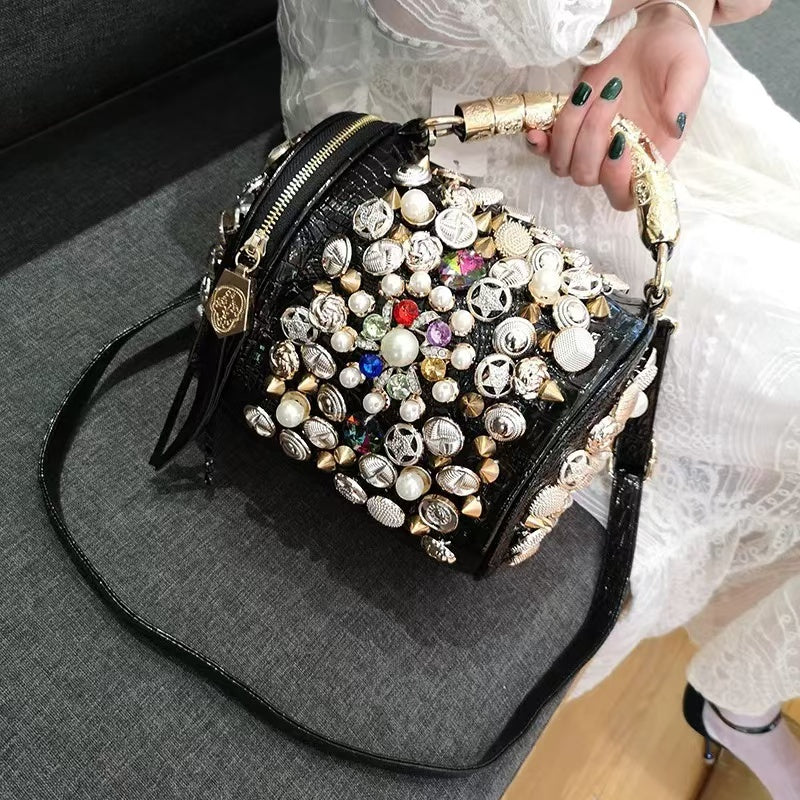 PD04 European and American personalized women's bag new round bucket bag bead studded rivet water diamond single shoulder crossbody bag trendy handbag