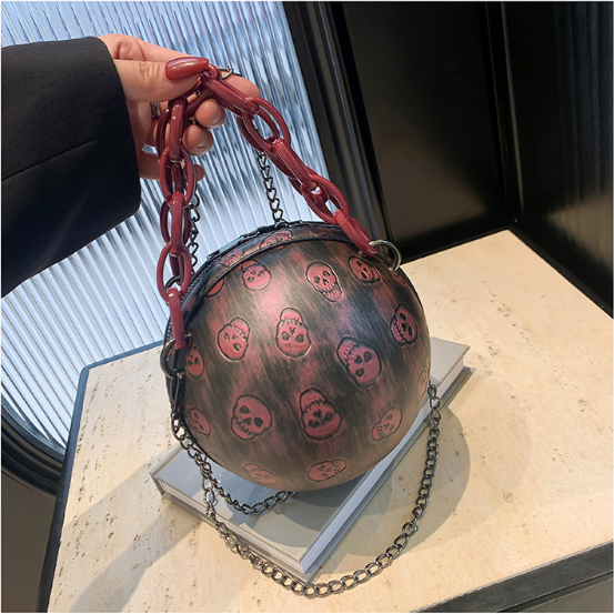 AL01 Trendy Skull Head PU Leather Embossed Mini Round Ball Bag, Fashionable Acrylic Chain Cross-Body Handbag For Women