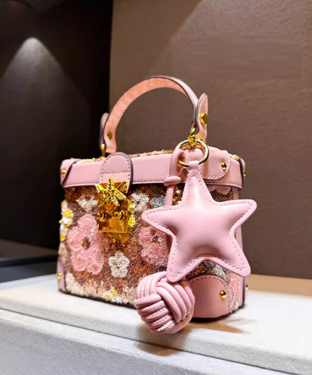 New high-end niche design sequin bag Box bag Summer Pink Small Bag handbag Inclined shoulder bag Small square bag