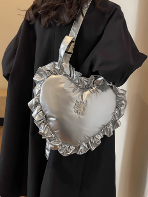 Quilted Puffer Black Heart Shaped Purse