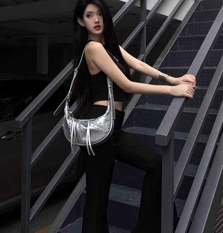 Dream Latick/MELEDIK Millennium Hot Girl y2k Motorcycle Bag Bull Horn Bag Koi Bag Underarm Single Shoulder Diagonal Cross Bag