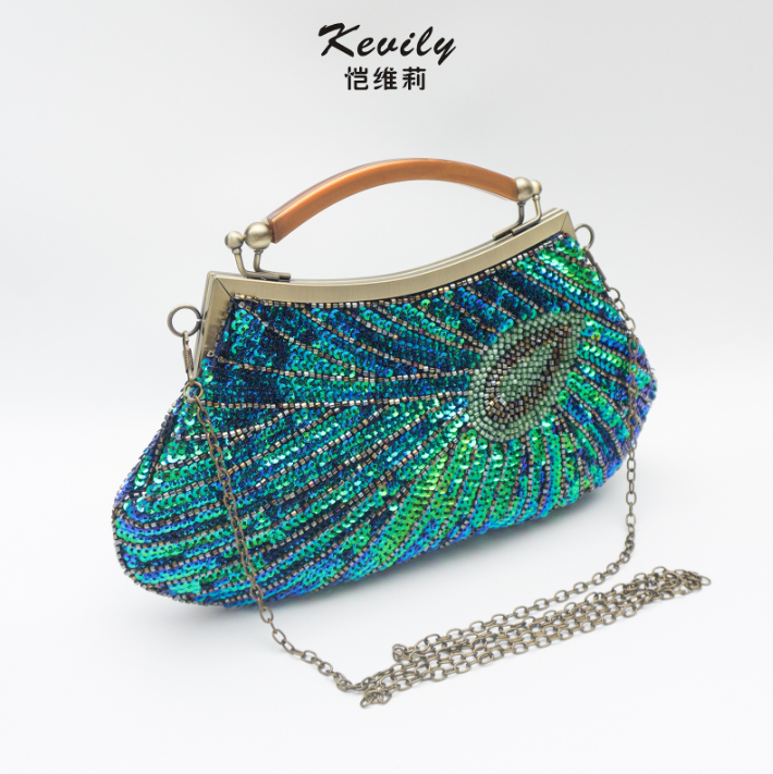 AL02 Hand held peacock feather bead sequin bag, handmade retro cheongsam bag, evening dress, dance party Banquet Package