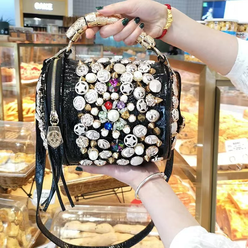 PD04 European and American personalized women's bag new round bucket bag bead studded rivet water diamond single shoulder crossbody bag trendy handbag