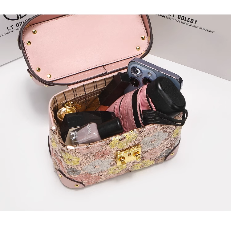 Pink Flowers Square Bling Sequins Makeup Bag