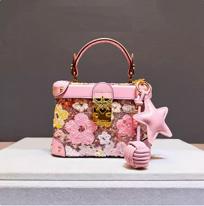 New high-end niche design sequin bag Box bag Summer Pink Small Bag handbag Inclined shoulder bag Small square bag