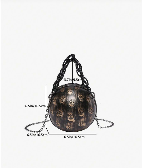 AL01 Trendy Skull Head PU Leather Embossed Mini Round Ball Bag, Fashionable Acrylic Chain Cross-Body Handbag For Women