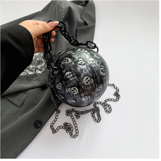 AL01 Trendy Skull Head PU Leather Embossed Mini Round Ball Bag, Fashionable Acrylic Chain Cross-Body Handbag For Women