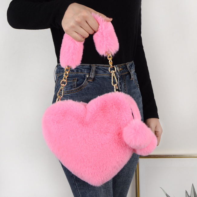 New imitation otter rabbit plush hand-held heart-shaped bag for women, one shoulder crossbody bag, heart-shaped large capacity bag