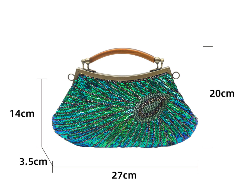 AL02 Hand held peacock feather bead sequin bag, handmade retro cheongsam bag, evening dress, dance party Banquet Package