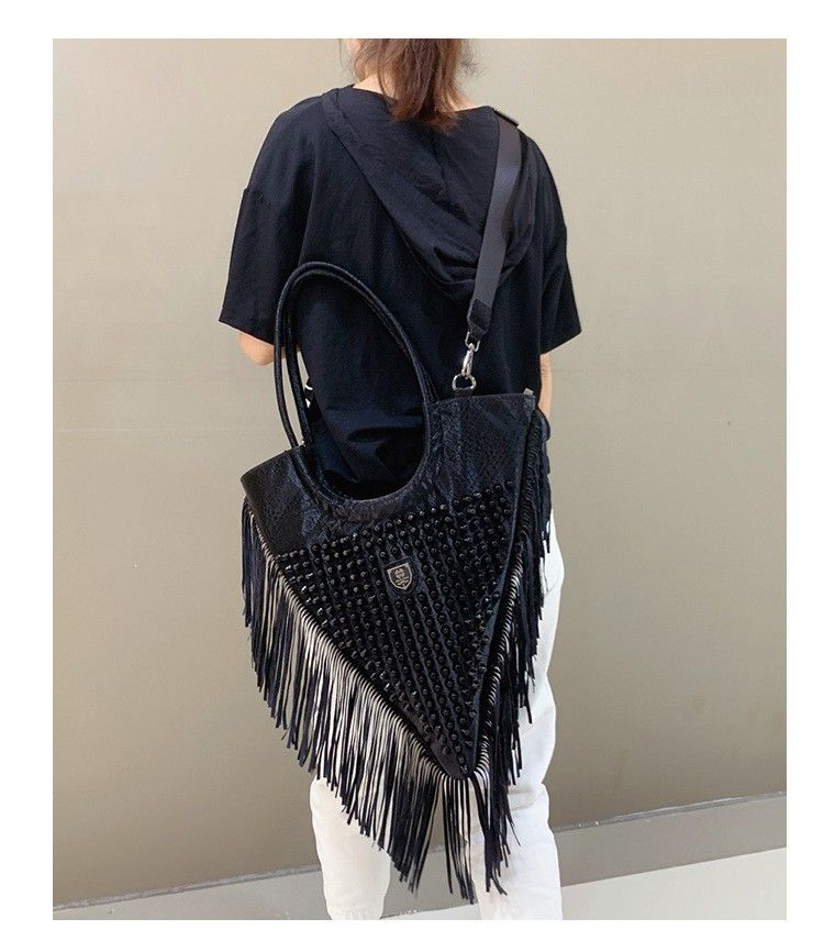 Triangle Soft Leather Tote Crossbody Tassel Bag