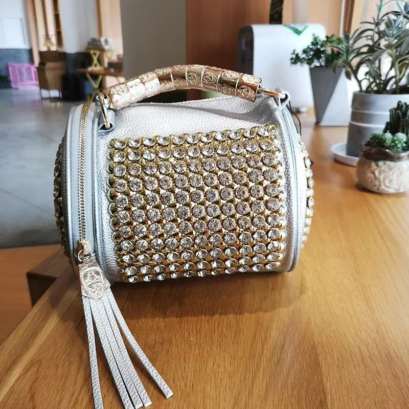 PD04 European and American personalized women's bag new round bucket bag bead studded rivet water diamond single shoulder crossbody bag trendy handbag