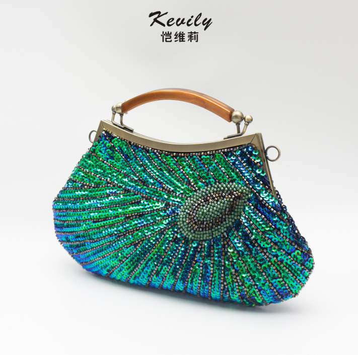 AL02 Hand held peacock feather bead sequin bag, handmade retro cheongsam bag, evening dress, dance party Banquet Package