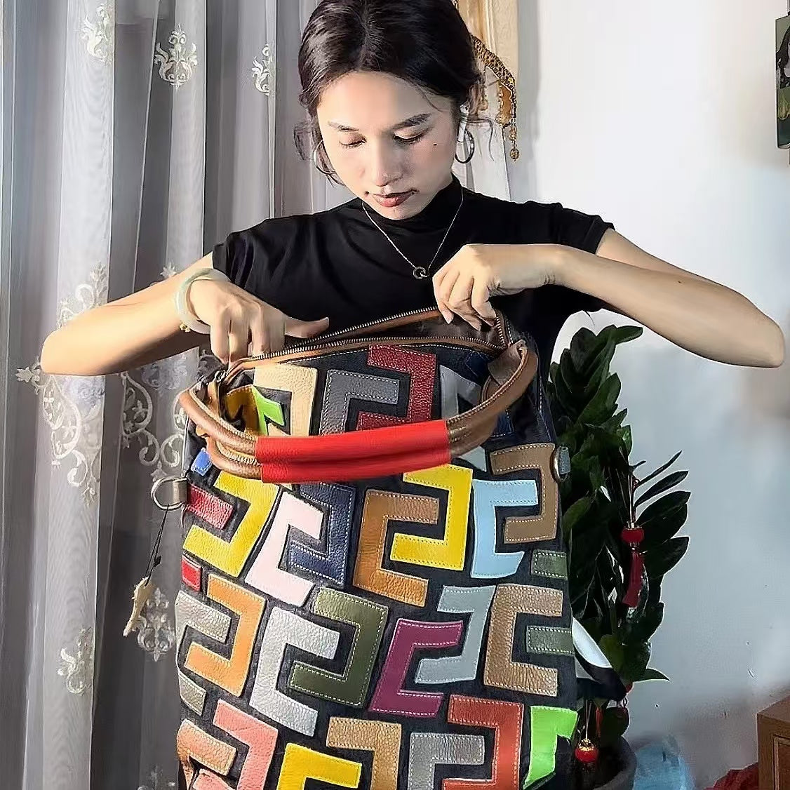 PD05 Colorful cowhide bucket bag, new genuine leather tote bag, fashionable European and American shoulder bag, casual crossbody bag, hand-held large bag