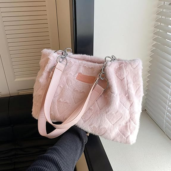 Pink Plush Commuting Shoulder Bags Heart