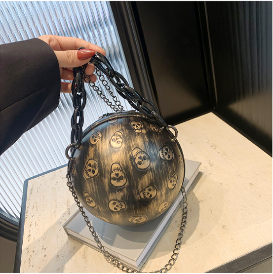 AL01 Trendy Skull Head PU Leather Embossed Mini Round Ball Bag, Fashionable Acrylic Chain Cross-Body Handbag For Women