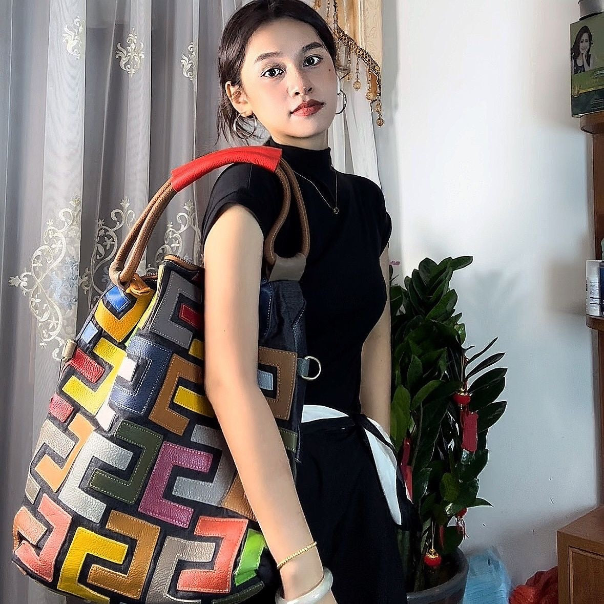 PD05 Colorful cowhide bucket bag, new genuine leather tote bag, fashionable European and American shoulder bag, casual crossbody bag, hand-held large bag