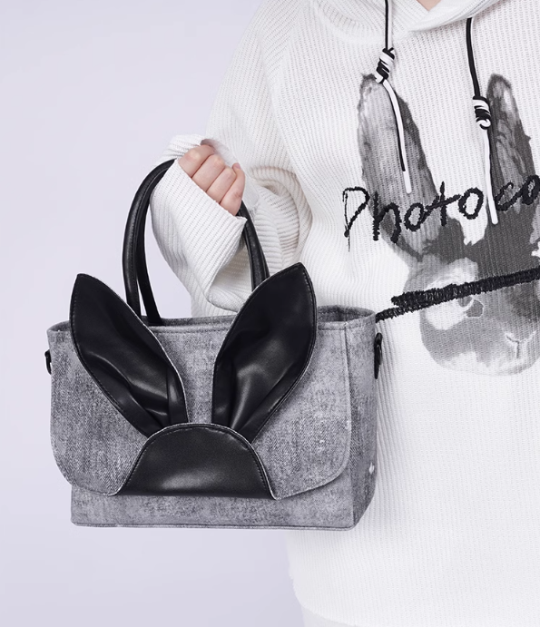 Rebirth Color Block Rabbit Denim Tote Bag