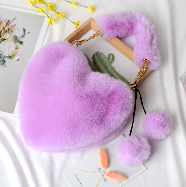 New imitation otter rabbit plush hand-held heart-shaped bag for women, one shoulder crossbody bag, heart-shaped large capacity bag