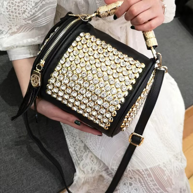 PD04 European and American personalized women's bag new round bucket bag bead studded rivet water diamond single shoulder crossbody bag trendy handbag