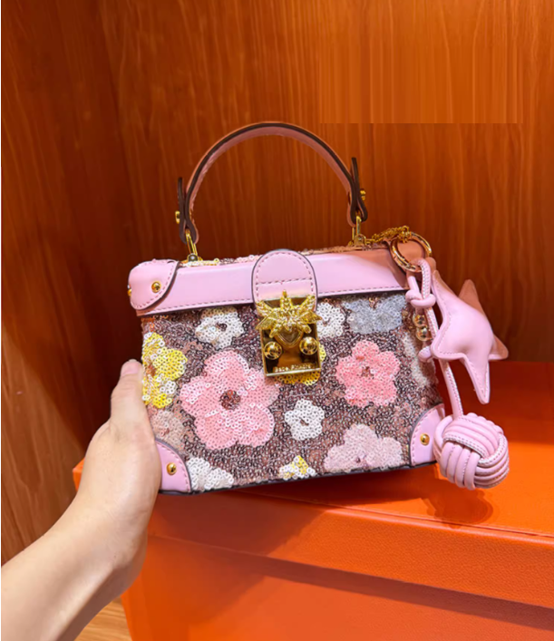 New high-end niche design sequin bag Box bag Summer Pink Small Bag handbag Inclined shoulder bag Small square bag