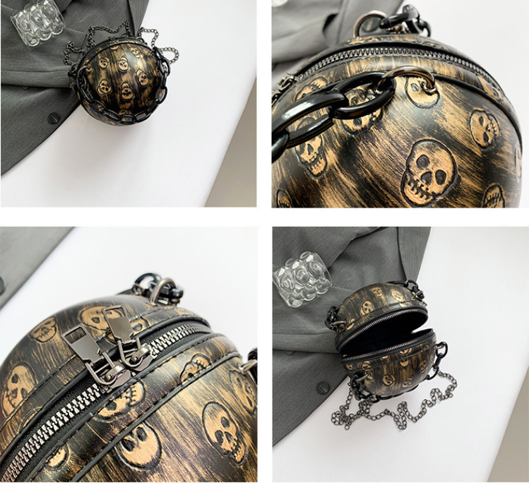 AL01 Trendy Skull Head PU Leather Embossed Mini Round Ball Bag, Fashionable Acrylic Chain Cross-Body Handbag For Women