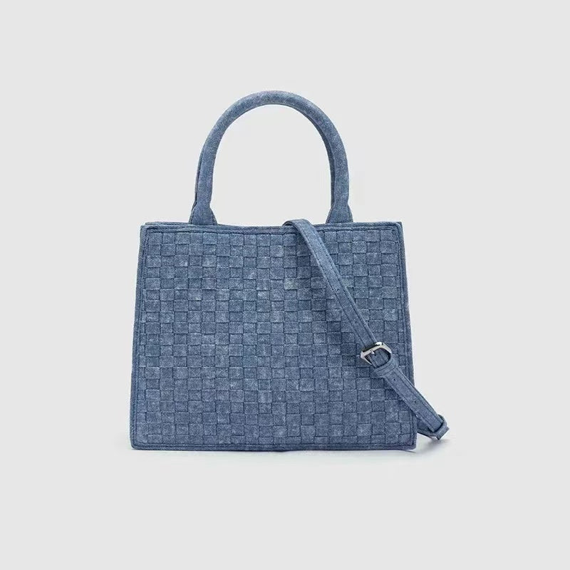 Ricccibags New Grid Denim Woven Tote Bag