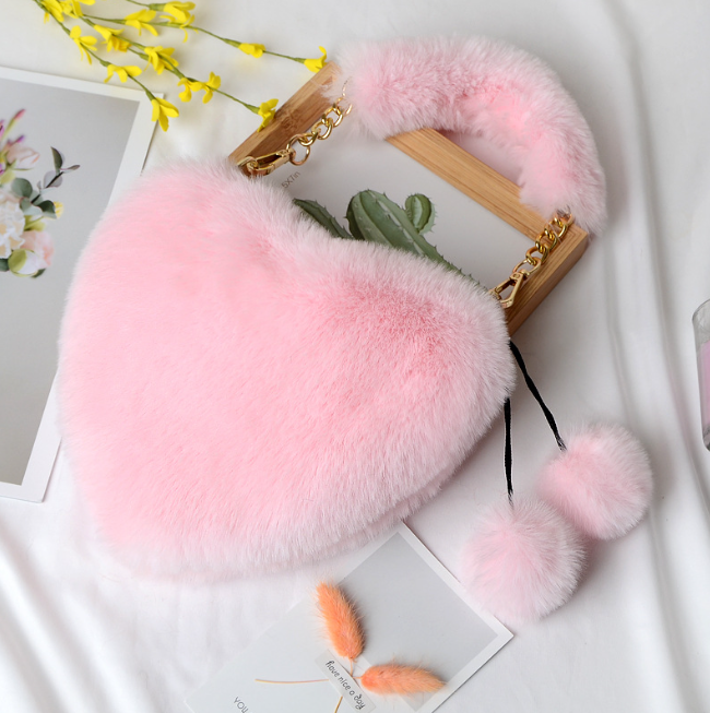 New imitation otter rabbit plush hand-held heart-shaped bag for women, one shoulder crossbody bag, heart-shaped large capacity bag