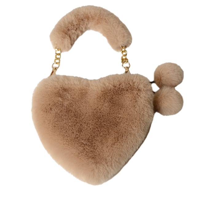 New imitation otter rabbit plush hand-held heart-shaped bag for women, one shoulder crossbody bag, heart-shaped large capacity bag