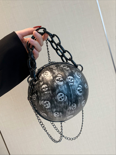 AL01 Trendy Skull Head PU Leather Embossed Mini Round Ball Bag, Fashionable Acrylic Chain Cross-Body Handbag For Women